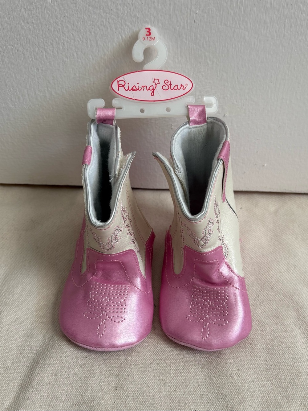 Rising Star Girls Western Bootie Boots Embroidered Slip-On Pink White US 3 9-12m